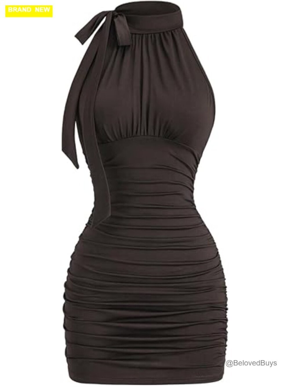Women's Halter Neck Ruched Bodycon Mini Dress Sleeveless Slim Fit Summer Rave